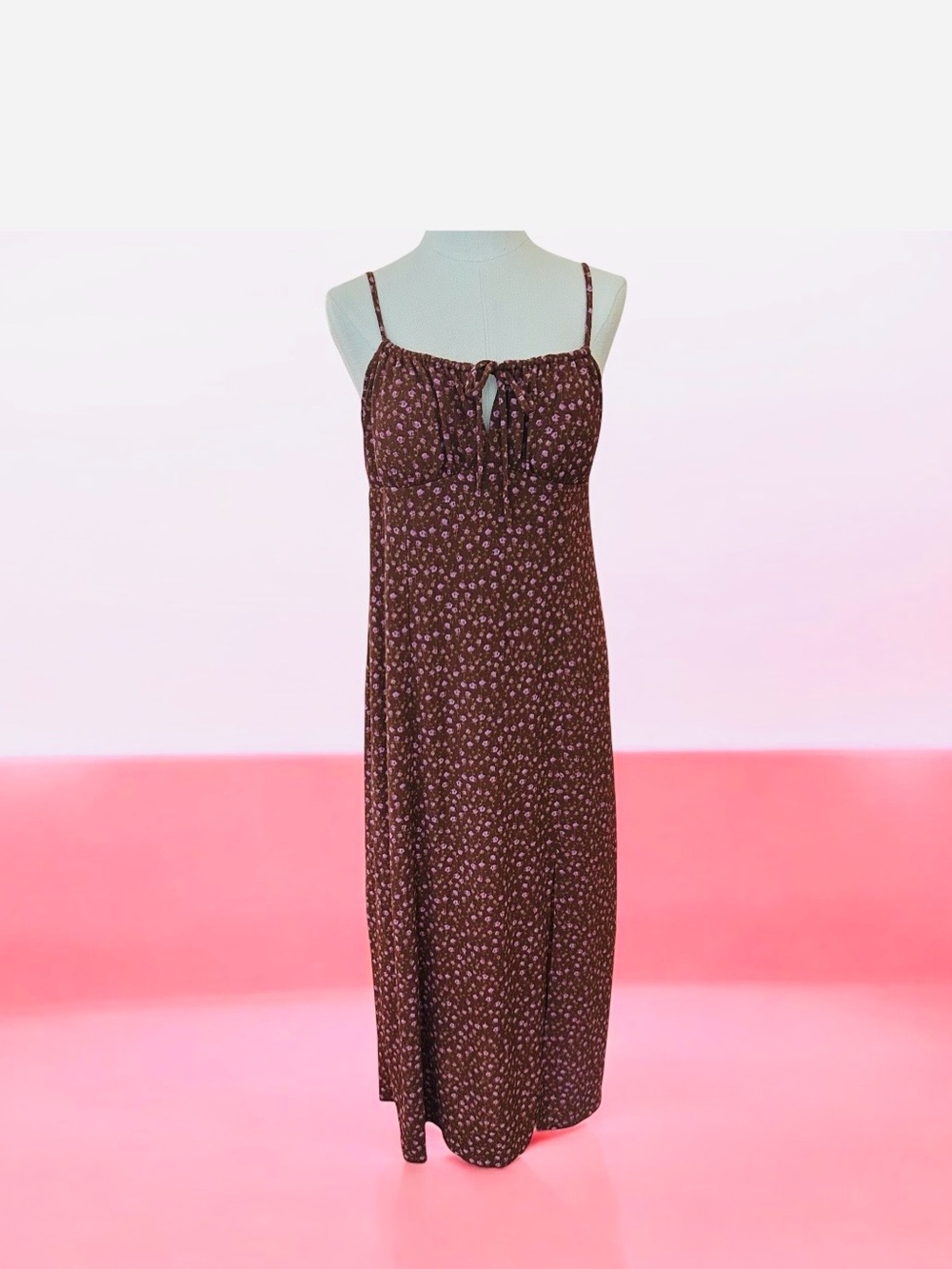 No Boundaries Brown Ditsy Floral Tie Front Maxi Dress L Milkmaid Cottagecore Y2K